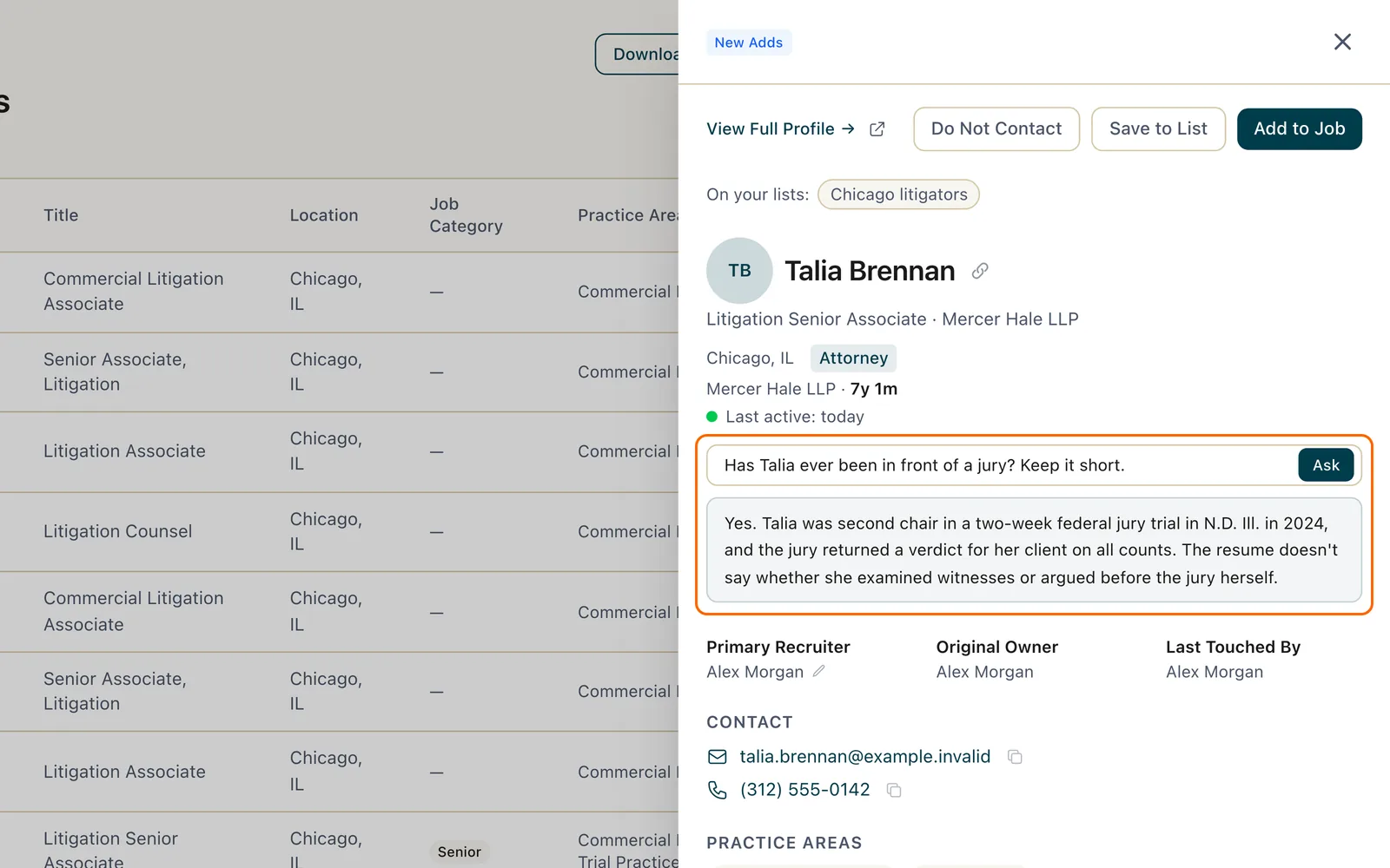DASH candidate panel: a recruiter asks "Has Talia ever been in front of a jury? Keep it short." and gets a short answer drawn from her resume, with the question and answer outlined in orange (sample data).