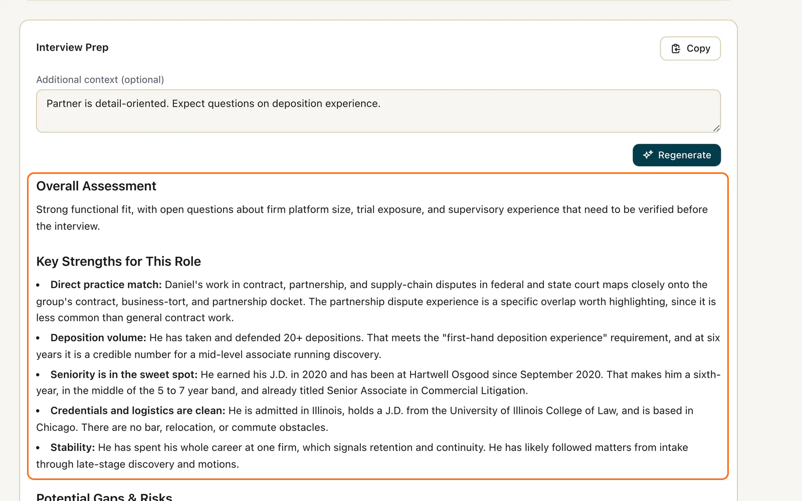 DASH job page: an interview prep brief generated for a sample candidate, opening with an overall assessment and key strengths for the role, with the brief outlined in orange (sample data).