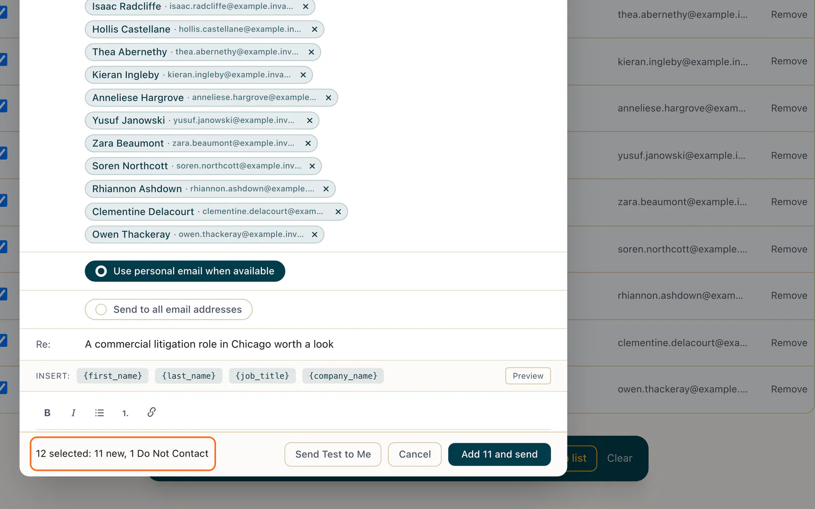 DASH email composer adding 12 sample candidates to an existing campaign: the footer count "12 selected: 11 new, 1 Do Not Contact" is outlined in orange and the button reads "Add 11 and send" (sample data).