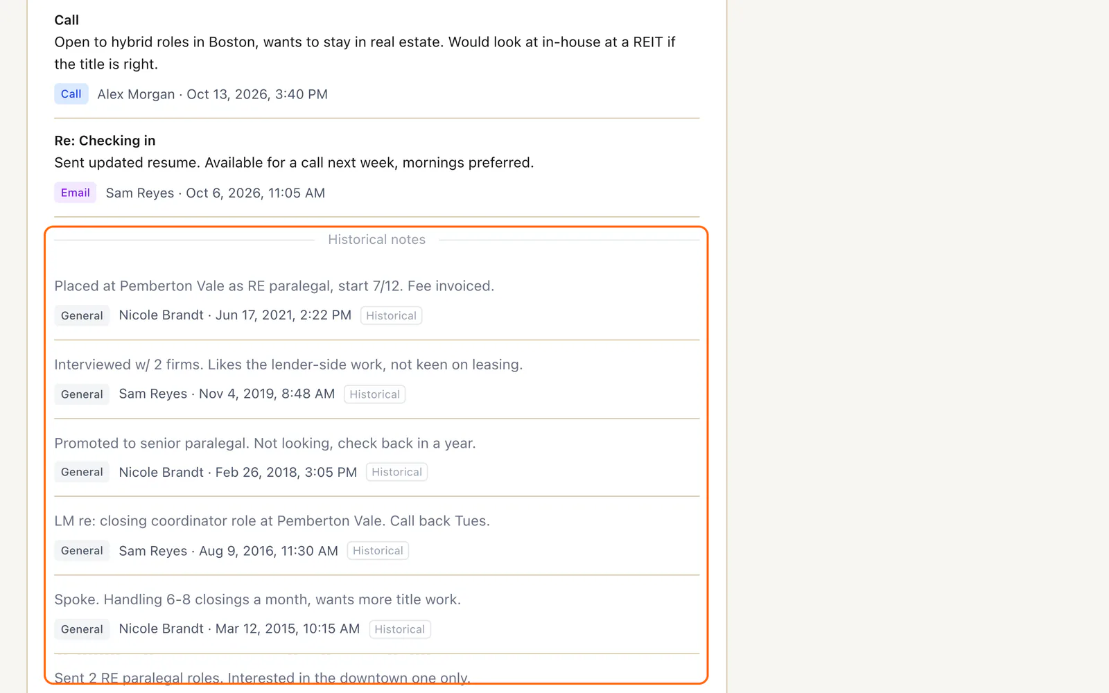 DASH candidate profile: recent notes, then "Historical notes" from the previous system running back to 2015, outlined in orange (sample data).