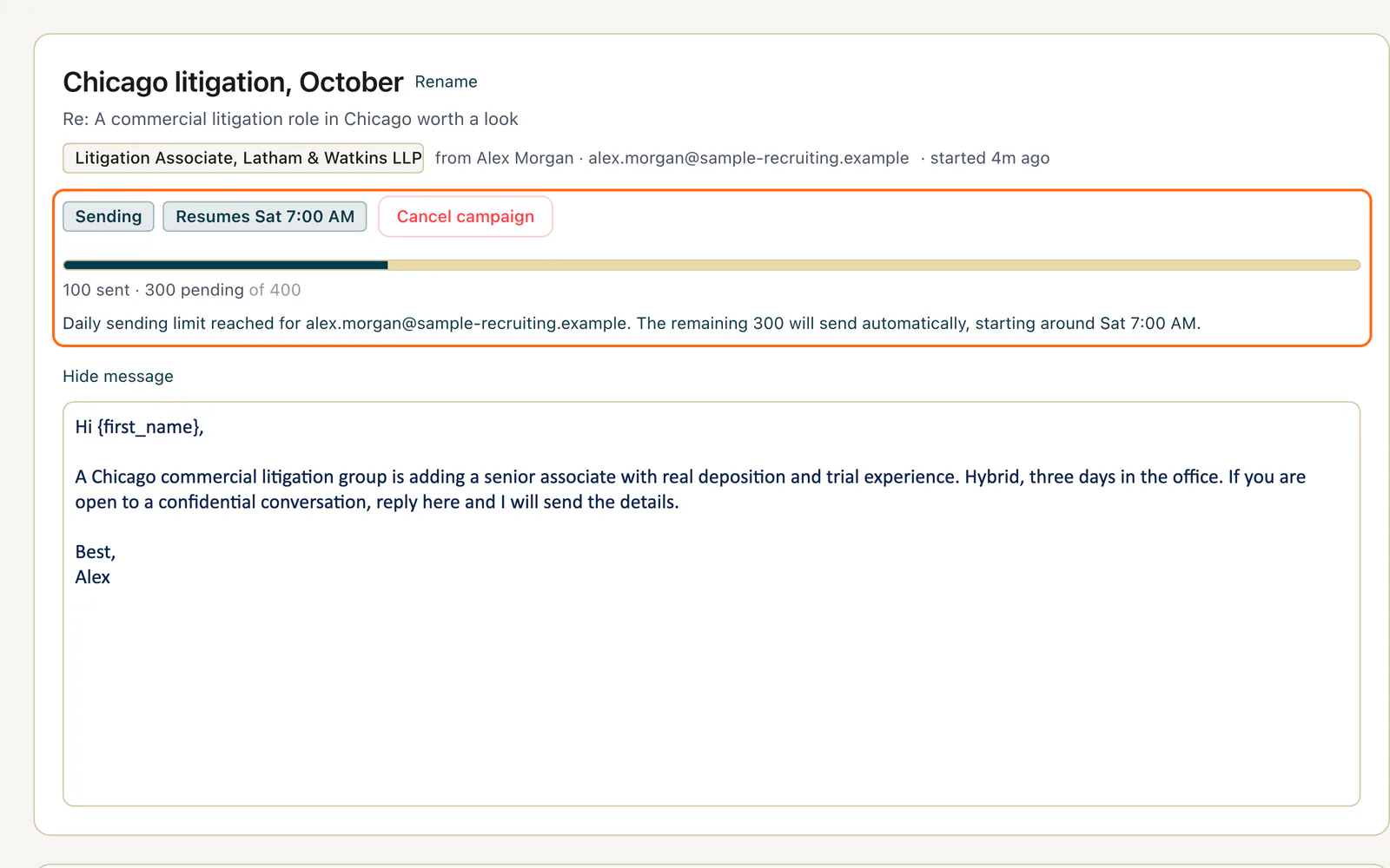 DASH campaign page: a sample campaign marked Sending, paused at the daily limit with "Resumes Sat 7:00 AM" and the remaining 300 set to send automatically, the paused status and daily limit message outlined in orange (sample data).